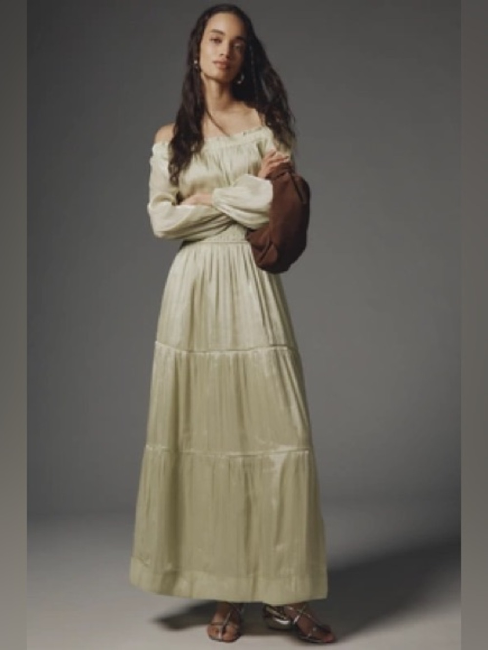 Anthropologie Somerset Off-Shoulder Shimmer Green Maxi Dress